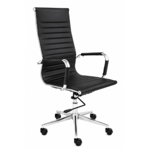 Mid-Century Modern High Back Ribbed Office Chair - Black Faux Leather & Chrome